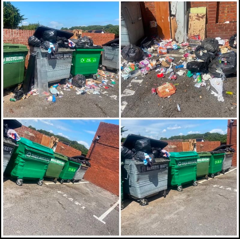 Overflowing waste bins and fly-tipping in a car park before commercial clearance